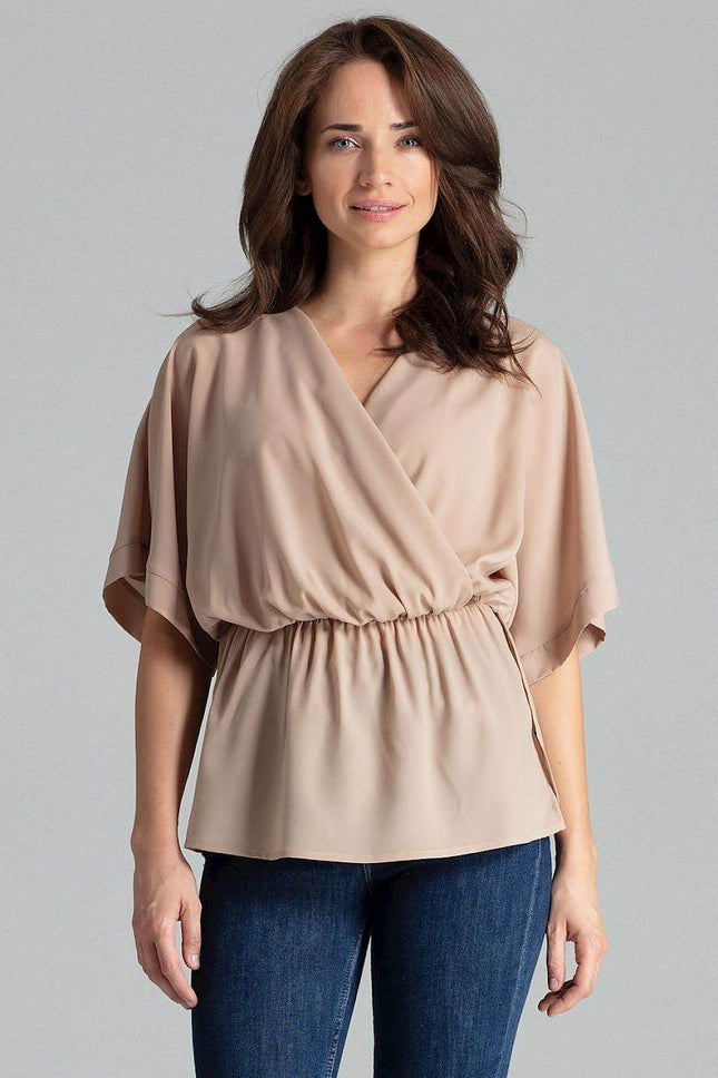 Loose-Fit Blouse with Short Kimono Sleeves & Envelope Neckline - MimiStylez