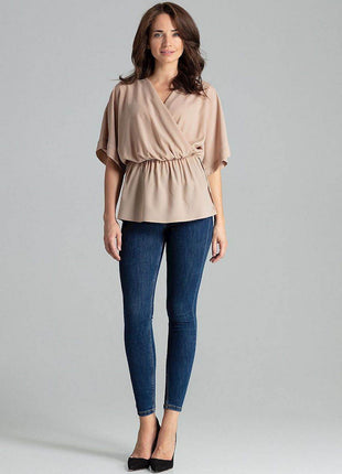 Loose-Fit Blouse with Short Kimono Sleeves & Envelope Neckline - MimiStylez