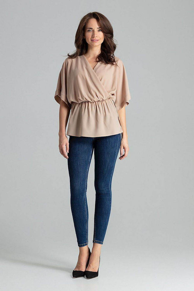 Loose-Fit Blouse with Short Kimono Sleeves & Envelope Neckline - MimiStylez