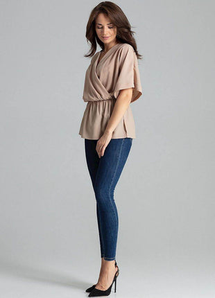 Loose-Fit Blouse with Short Kimono Sleeves & Envelope Neckline - MimiStylez