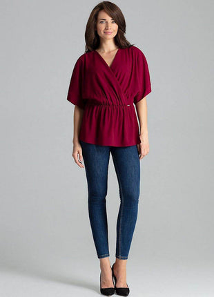 Loose-Fit Blouse with Short Kimono Sleeves & Envelope Neckline - MimiStylez