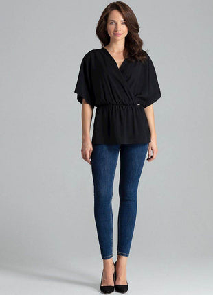 Loose-Fit Blouse with Short Kimono Sleeves & Envelope Neckline - MimiStylez