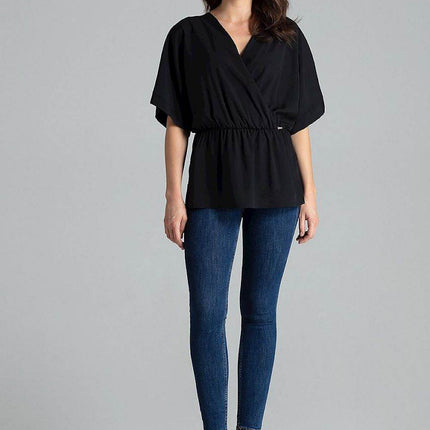 Loose-Fit Blouse with Short Kimono Sleeves & Envelope Neckline - MimiStylez