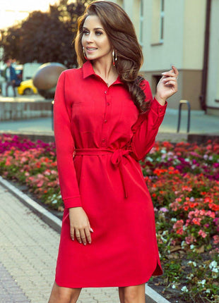 Long Sleeve Midi Shirt Dress with Pockets & Side Binding - MimiStylez