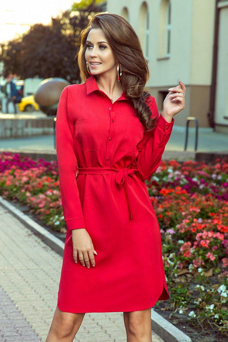 Long Sleeve Midi Shirt Dress with Pockets & Side Binding - MimiStylez