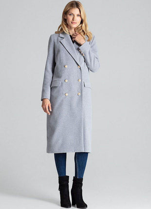 Classic Grey Double-Breasted Coat with Gold Metal Buttons & Patch Pockets - MimiStylez