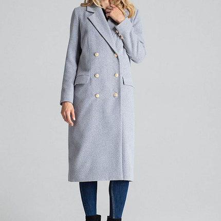 Classic Grey Double-Breasted Coat with Gold Metal Buttons & Patch Pockets - MimiStylez