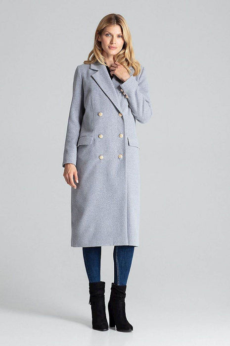 Classic Grey Double-Breasted Coat with Gold Metal Buttons & Patch Pockets - MimiStylez
