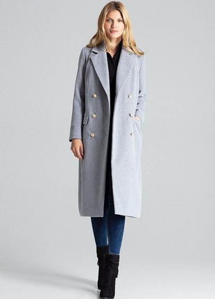 Classic Grey Double-Breasted Coat with Gold Metal Buttons & Patch Pockets - MimiStylez