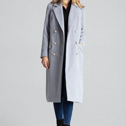 Classic Grey Double-Breasted Coat with Gold Metal Buttons & Patch Pockets - MimiStylez