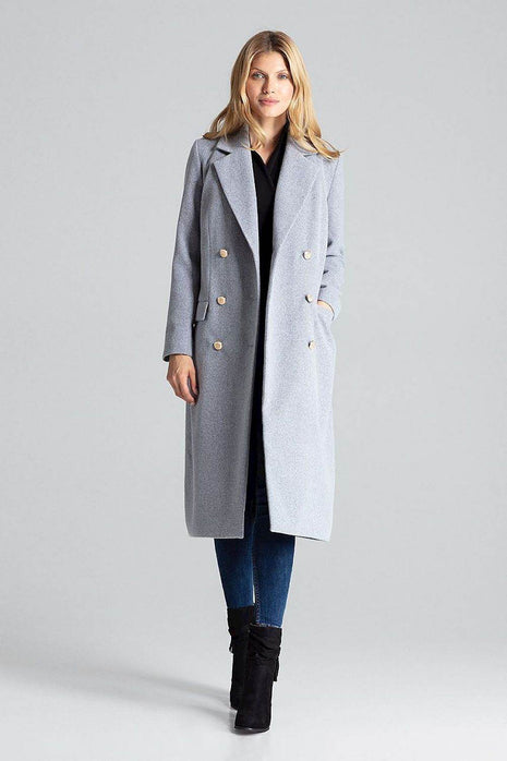 Classic Grey Double-Breasted Coat with Gold Metal Buttons & Patch Pockets - MimiStylez