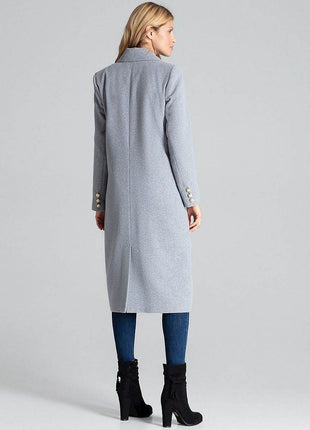 Classic Grey Double-Breasted Coat with Gold Metal Buttons & Patch Pockets - MimiStylez