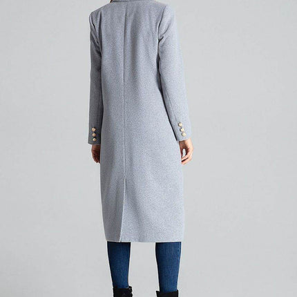 Classic Grey Double-Breasted Coat with Gold Metal Buttons & Patch Pockets - MimiStylez