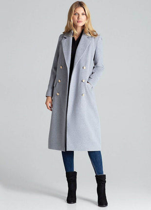 Classic Grey Double-Breasted Coat with Gold Metal Buttons & Patch Pockets - MimiStylez