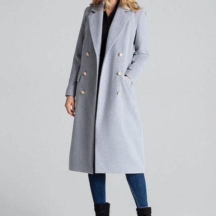 Classic Grey Double-Breasted Coat with Gold Metal Buttons & Patch Pockets - MimiStylez