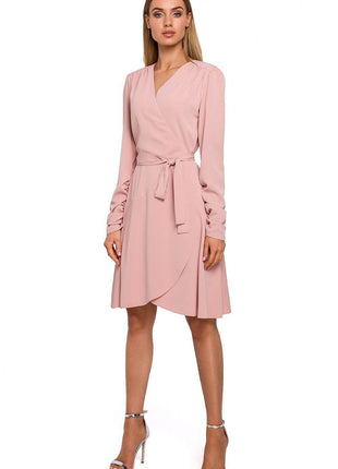 Wrap Midi Dress with Waist Tie, Long Sleeves & Asymmetrical Frill Hem - MimiStylez