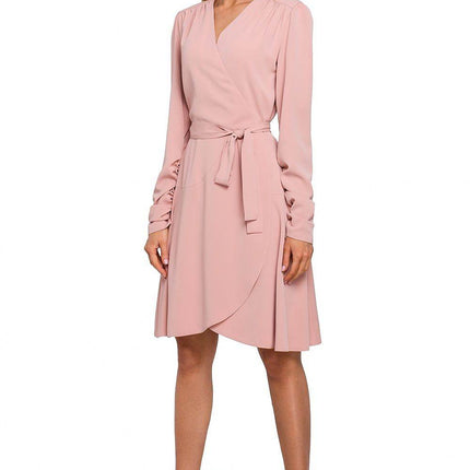 Wrap Midi Dress with Waist Tie, Long Sleeves & Asymmetrical Frill Hem - MimiStylez