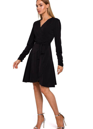 Wrap Midi Dress with Waist Tie, Long Sleeves & Asymmetrical Frill Hem - MimiStylez