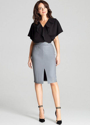 Eco-Leather Midi Pencil Skirt with Front Slit & Decorative Clasp - MimiStylez