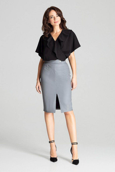 Eco-Leather Midi Pencil Skirt with Front Slit & Decorative Clasp - MimiStylez
