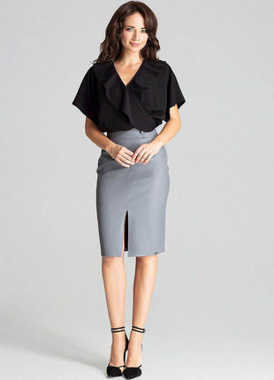 Eco-Leather Midi Pencil Skirt with Front Slit & Decorative Clasp - MimiStylez