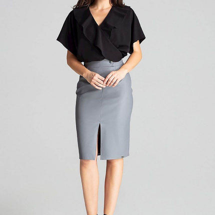 Eco-Leather Midi Pencil Skirt with Front Slit & Decorative Clasp - MimiStylez