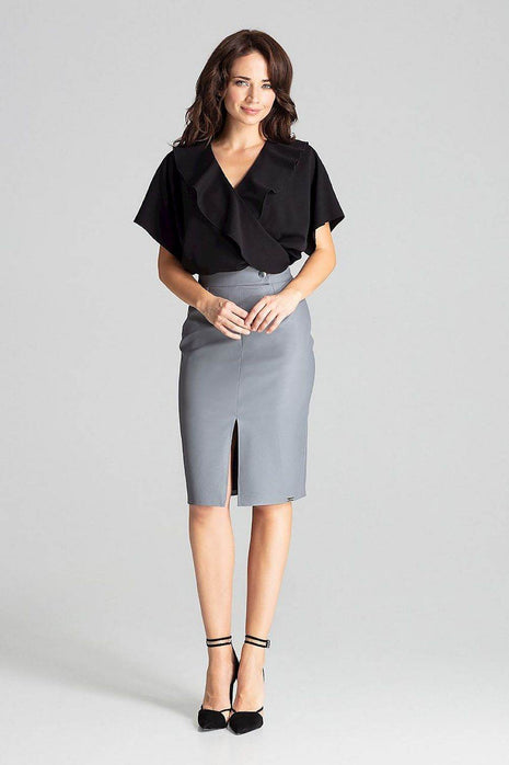 Eco-Leather Midi Pencil Skirt with Front Slit & Decorative Clasp - MimiStylez