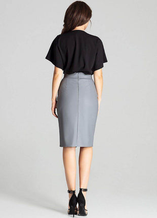 Eco-Leather Midi Pencil Skirt with Front Slit & Decorative Clasp - MimiStylez
