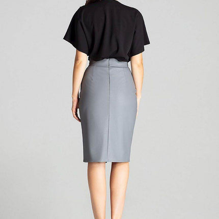 Eco-Leather Midi Pencil Skirt with Front Slit & Decorative Clasp - MimiStylez