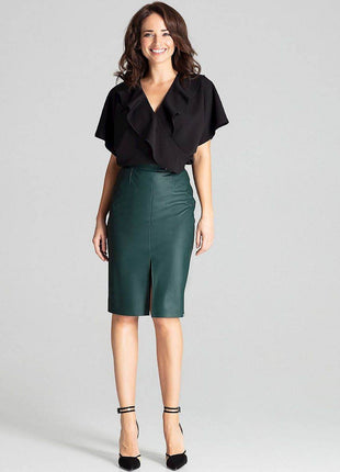 Eco-Leather Midi Pencil Skirt with Front Slit & Decorative Clasp - MimiStylez