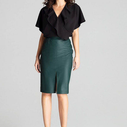 Eco-Leather Midi Pencil Skirt with Front Slit & Decorative Clasp - MimiStylez
