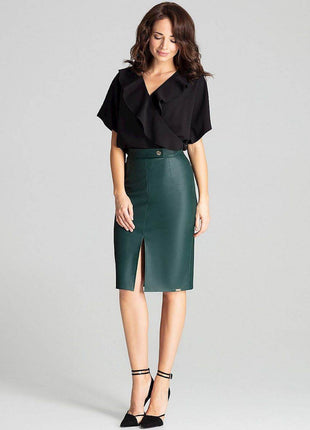 Eco-Leather Midi Pencil Skirt with Front Slit & Decorative Clasp - MimiStylez