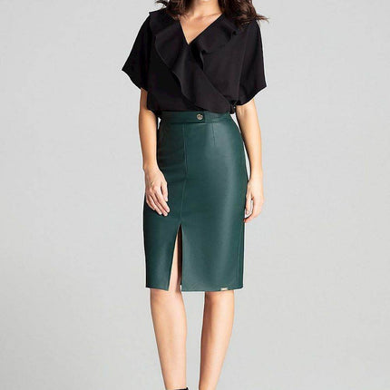 Eco-Leather Midi Pencil Skirt with Front Slit & Decorative Clasp - MimiStylez