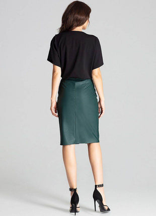 Eco-Leather Midi Pencil Skirt with Front Slit & Decorative Clasp - MimiStylez