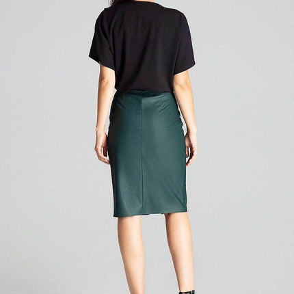 Eco-Leather Midi Pencil Skirt with Front Slit & Decorative Clasp - MimiStylez