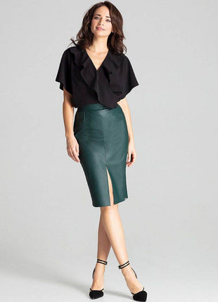 Eco-Leather Midi Pencil Skirt with Front Slit & Decorative Clasp - MimiStylez