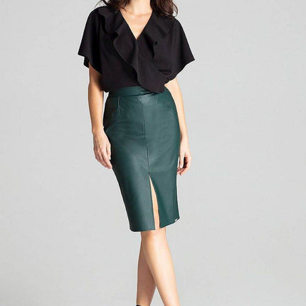 Eco-Leather Midi Pencil Skirt with Front Slit & Decorative Clasp - MimiStylez