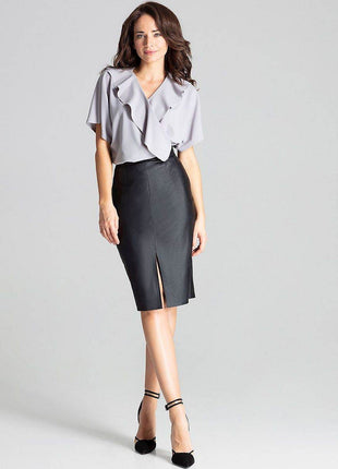 Eco-Leather Midi Pencil Skirt with Front Slit & Decorative Clasp - MimiStylez