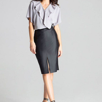 Eco-Leather Midi Pencil Skirt with Front Slit & Decorative Clasp - MimiStylez