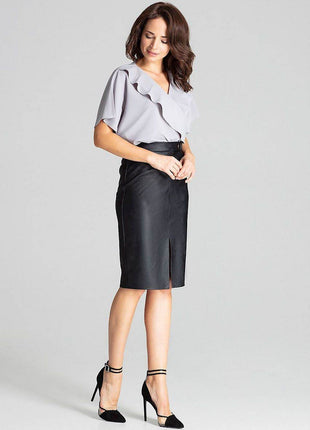 Eco-Leather Midi Pencil Skirt with Front Slit & Decorative Clasp - MimiStylez
