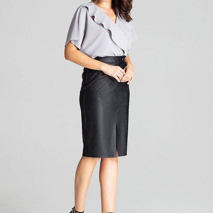 Eco-Leather Midi Pencil Skirt with Front Slit & Decorative Clasp - MimiStylez