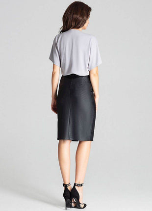Eco-Leather Midi Pencil Skirt with Front Slit & Decorative Clasp - MimiStylez