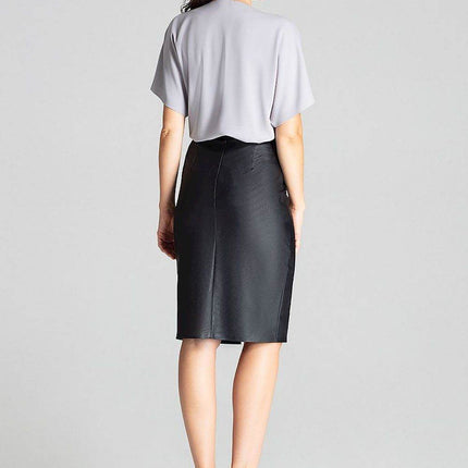 Eco-Leather Midi Pencil Skirt with Front Slit & Decorative Clasp - MimiStylez