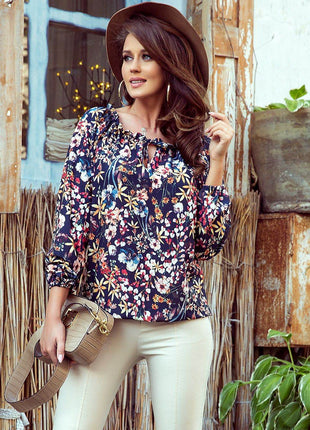 Colorful Floral Spanish 3/4 Sleeve Blouse with Ties & Elastic Sleeves - MimiStylez