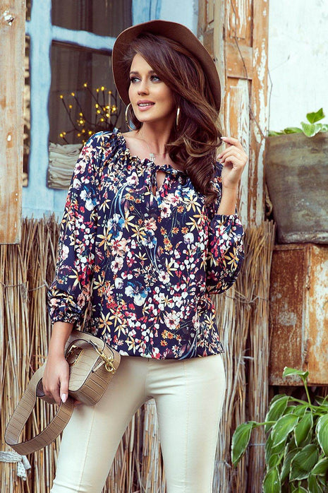 Colorful Floral Spanish 3/4 Sleeve Blouse with Ties & Elastic Sleeves - MimiStylez