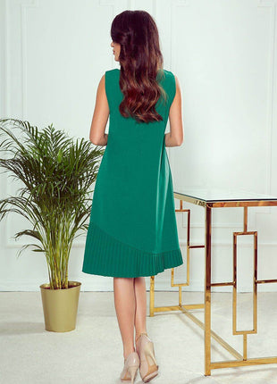 Modest Trapeze A-Line Sleeveless Midi Dress with Asymmetrical Pleats - MimiStylez