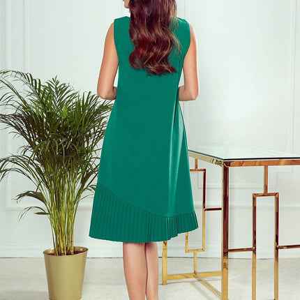 Modest Trapeze A-Line Sleeveless Midi Dress with Asymmetrical Pleats - MimiStylez