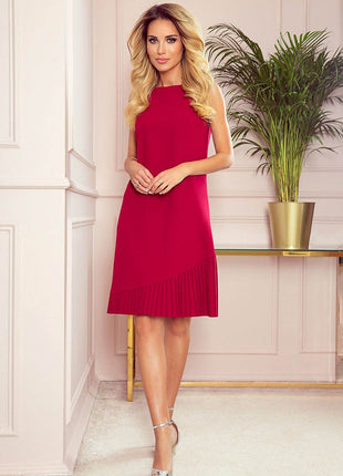 Modest Trapeze A-Line Sleeveless Midi Dress with Asymmetrical Pleats - MimiStylez
