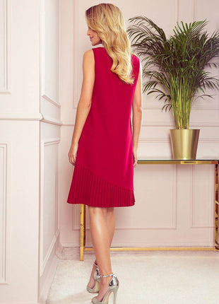 Modest Trapeze A-Line Sleeveless Midi Dress with Asymmetrical Pleats - MimiStylez