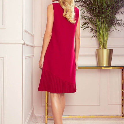 Modest Trapeze A-Line Sleeveless Midi Dress with Asymmetrical Pleats - MimiStylez